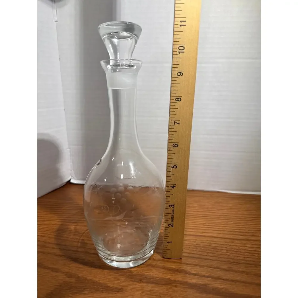 Vintage Etched Floral Glass Liquor Decanter Carafe With Stopper 11